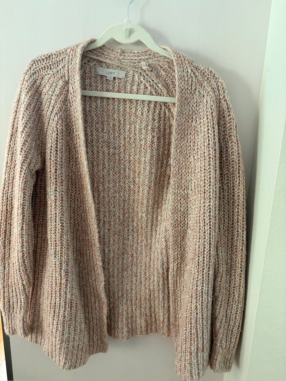 LOFT Open-Front Marled Pink-Cream Chunky Knit Cardigan